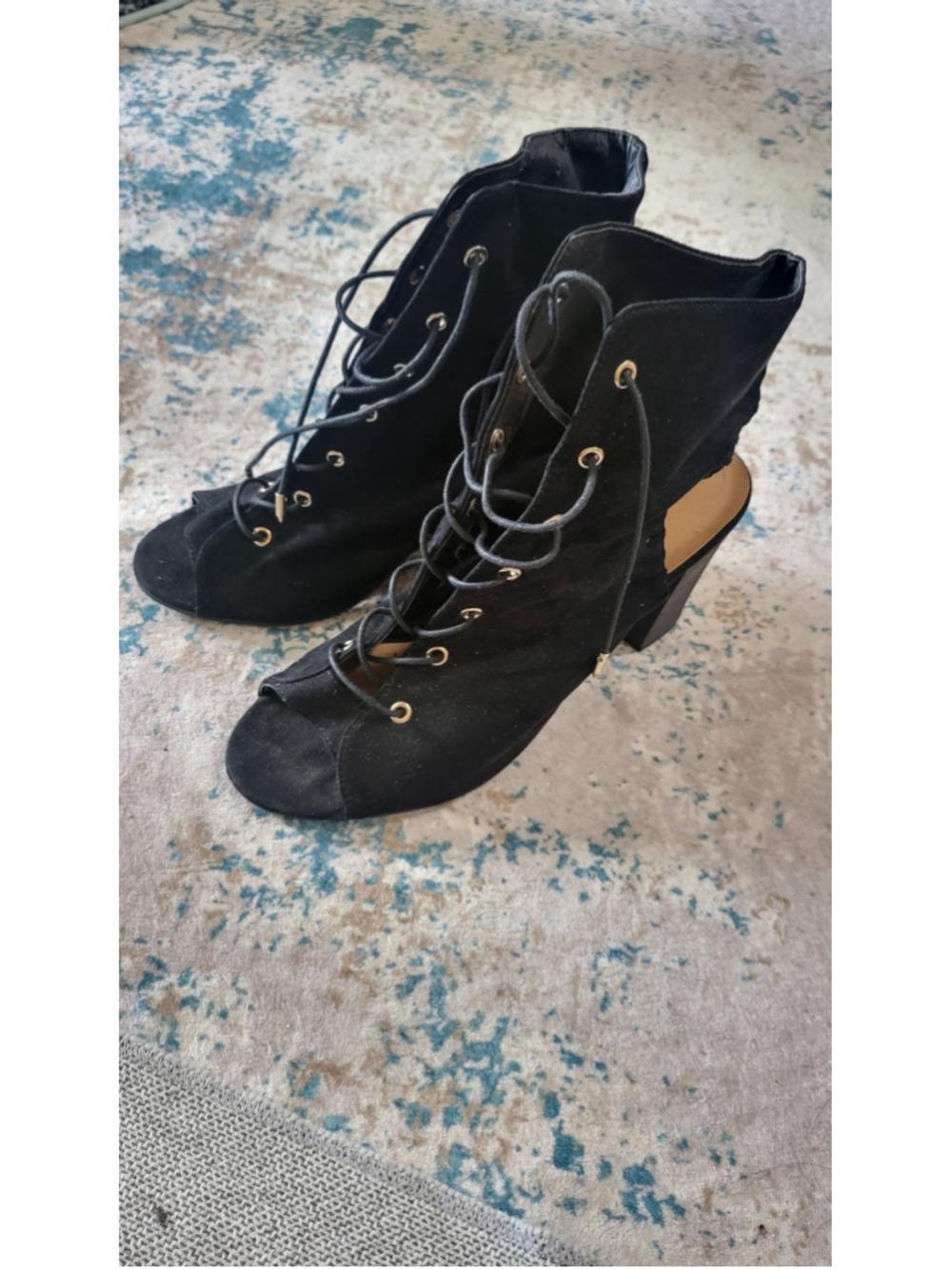 Black Suede Lace-Up Peep-Toe Ankle Booties Heels